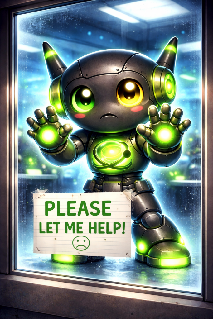 NeuClix Otto mascot holding a help sign and peeking through window offering technology support and assistance services