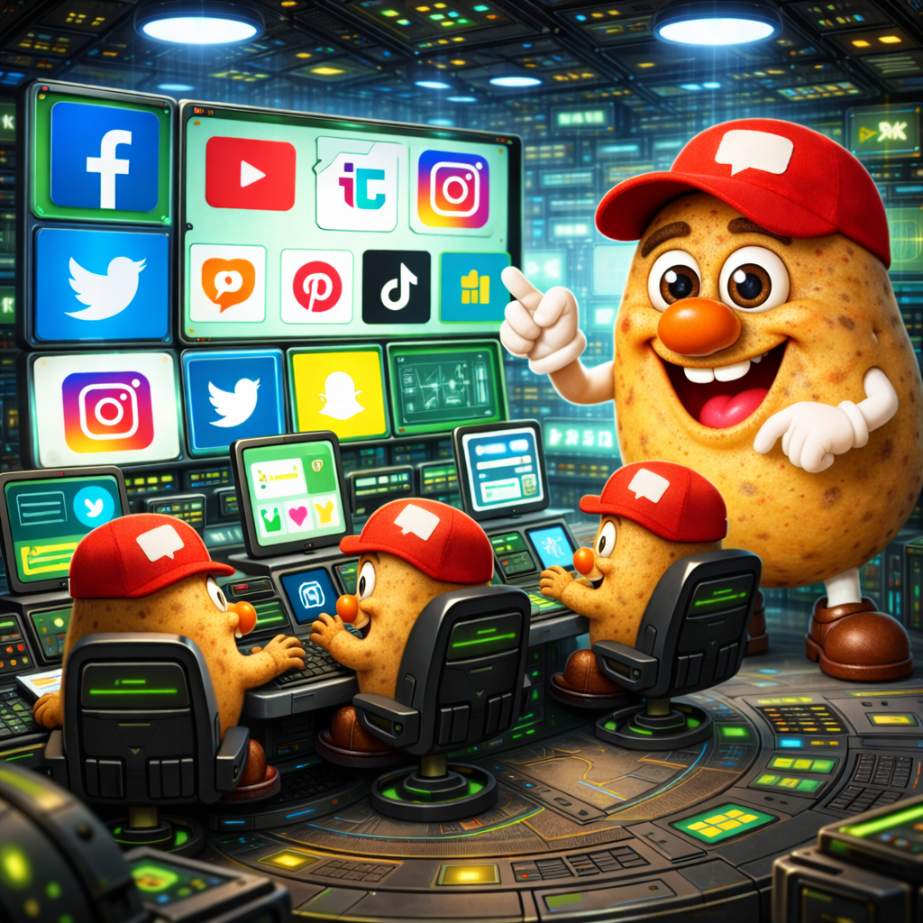 NeuClix mascot managing social media platforms including Facebook YouTube Instagram Twitter and Pinterest for comment control services