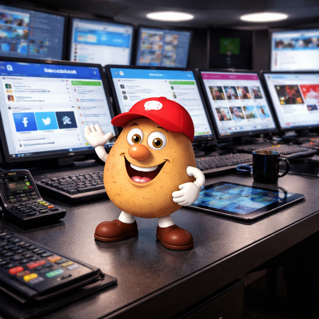 NeuClix Comment8o mascot in a social media command center monitoring Facebook Twitter and other platforms on multiple screens