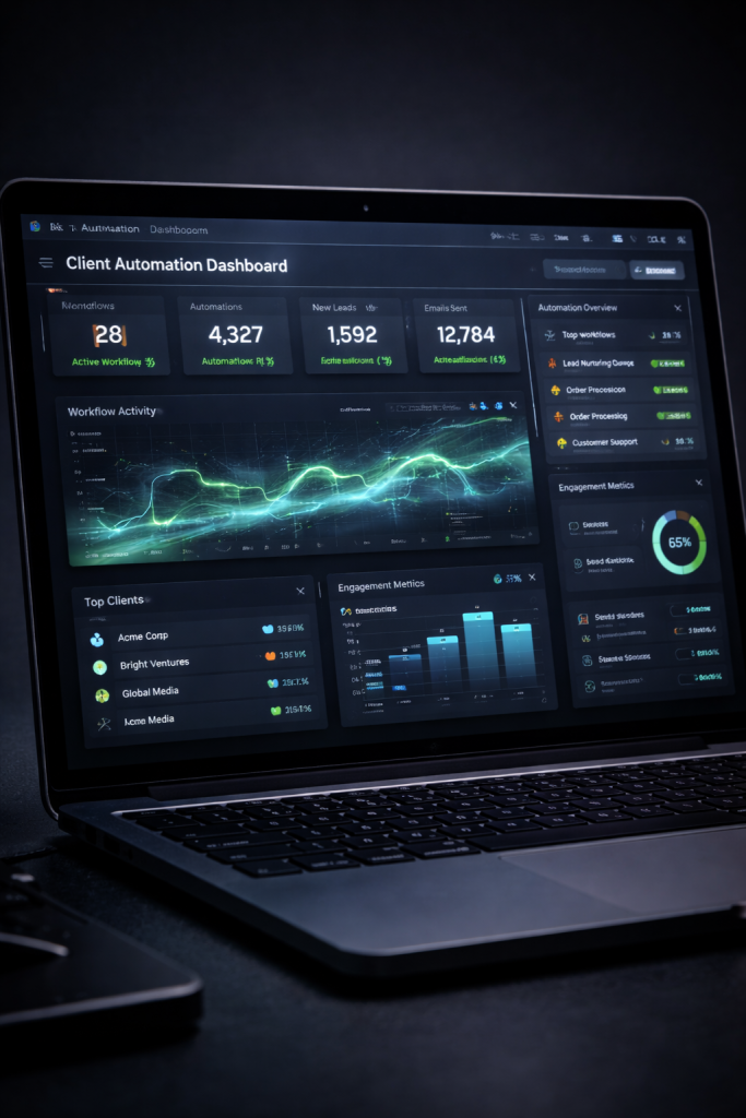Laptop showing NeuClix client automation dashboard with workflow metrics automations new leads emails sent and automation overview statistics