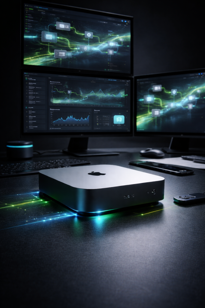 Mac Mini workstation with dual monitors displaying automation workflow diagrams and network integration dashboards at NeuClix Technology