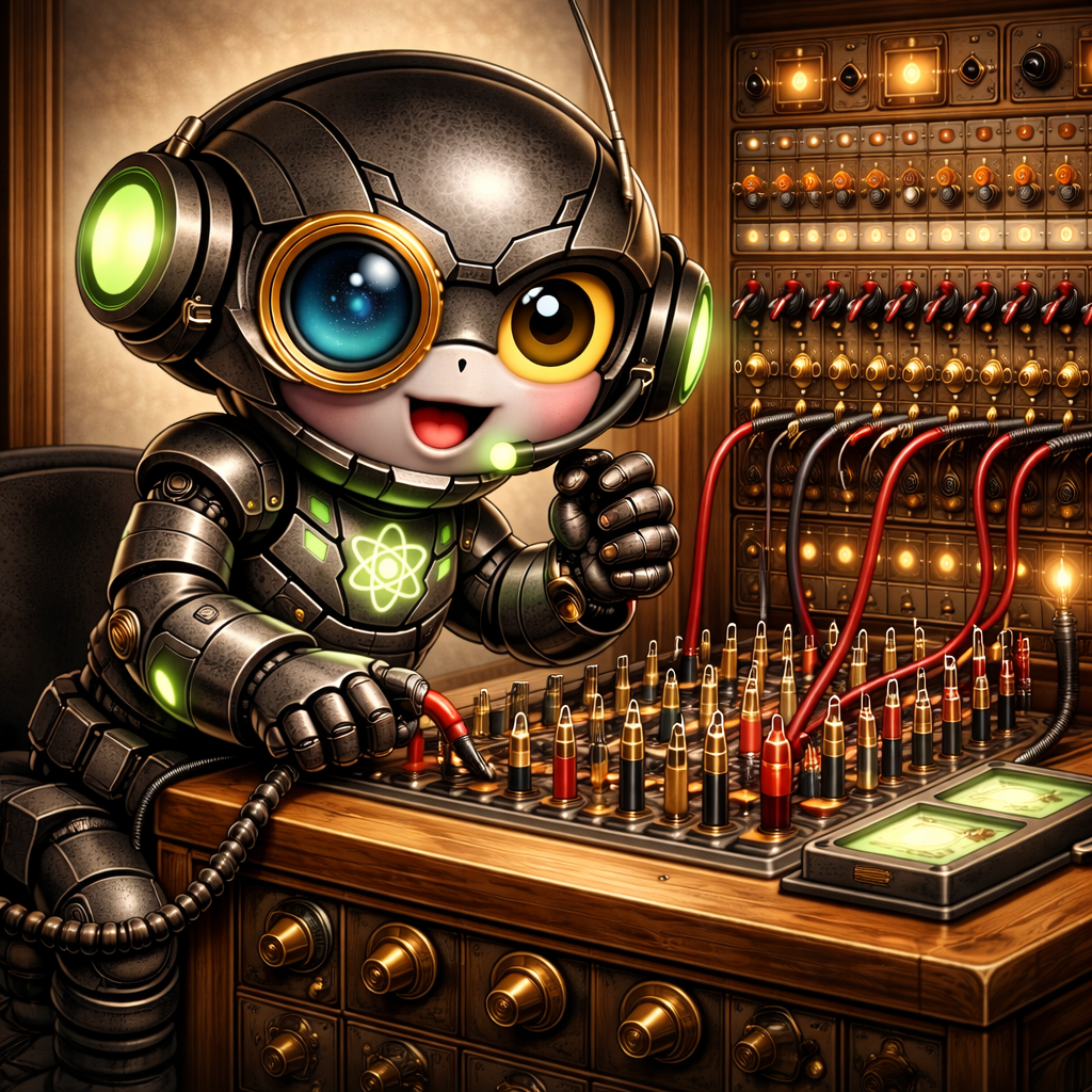 NeuClix Oper8r robot mascot operating a vintage switchboard with colorful cables and glowing lights for technology services