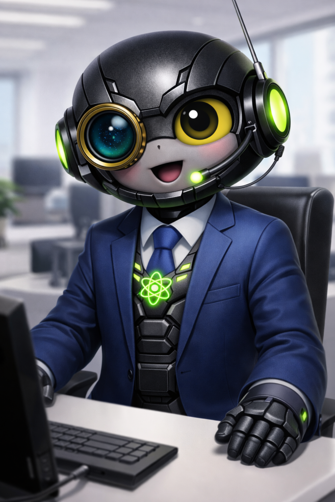 Headshot of Oper8r the NeuClix Technology robot mascot with colorful eyes and tech helmet representing IT operations services