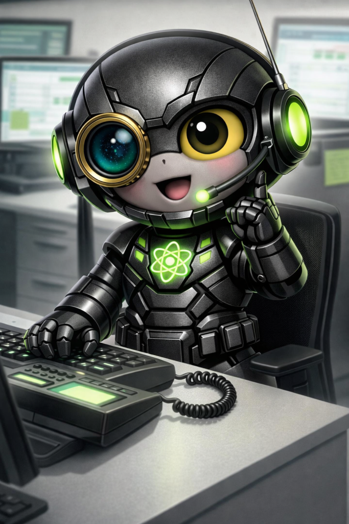 NeuClix Oper8r robot mascot working in a call center with headset and monitors providing customer support and IT services