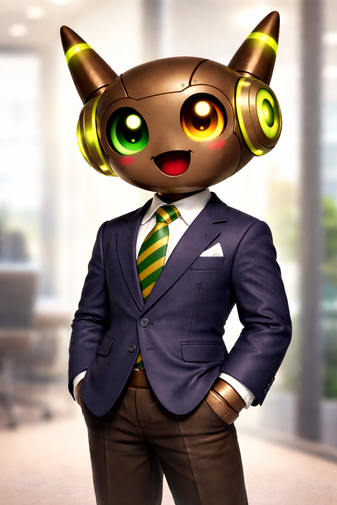 Close-up portrait of Otto Pro the NeuClix Technology robot cat mascot with glowing green and amber eyes and golden horns