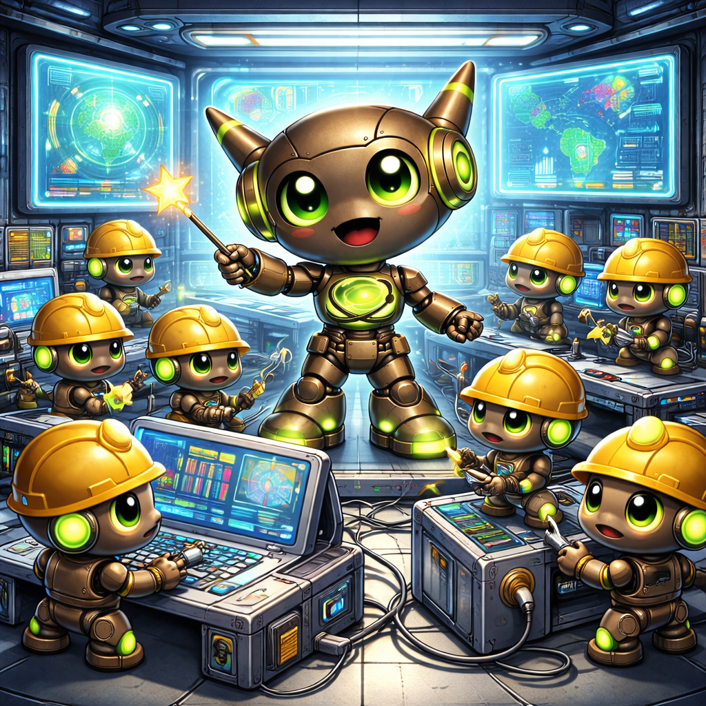 NeuClix Otto mascot as the orchestrator leading a team of helper robots in a technology facility for workflow automation