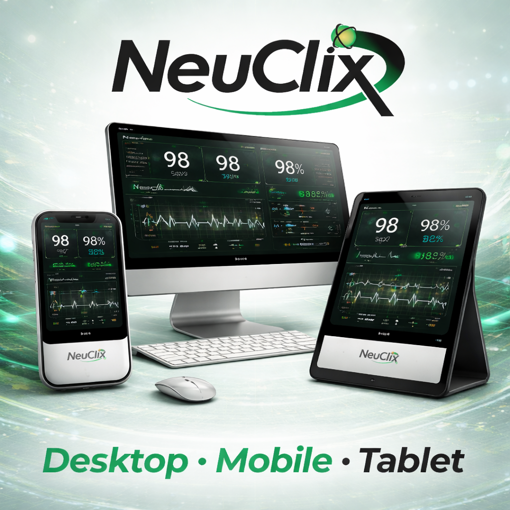 NeuClix Technology PWA service page showing desktop tablet and mobile devices with 98 percent performance scores for progressive web app development