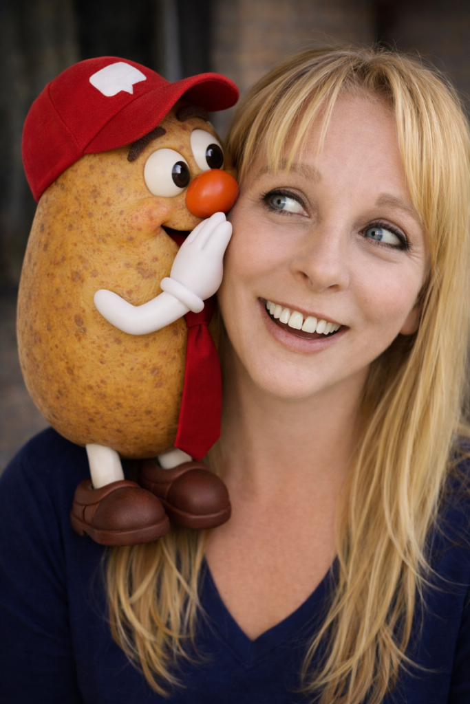NeuClix Technology team member Rhonda posing with Comment8o the social media mascot character