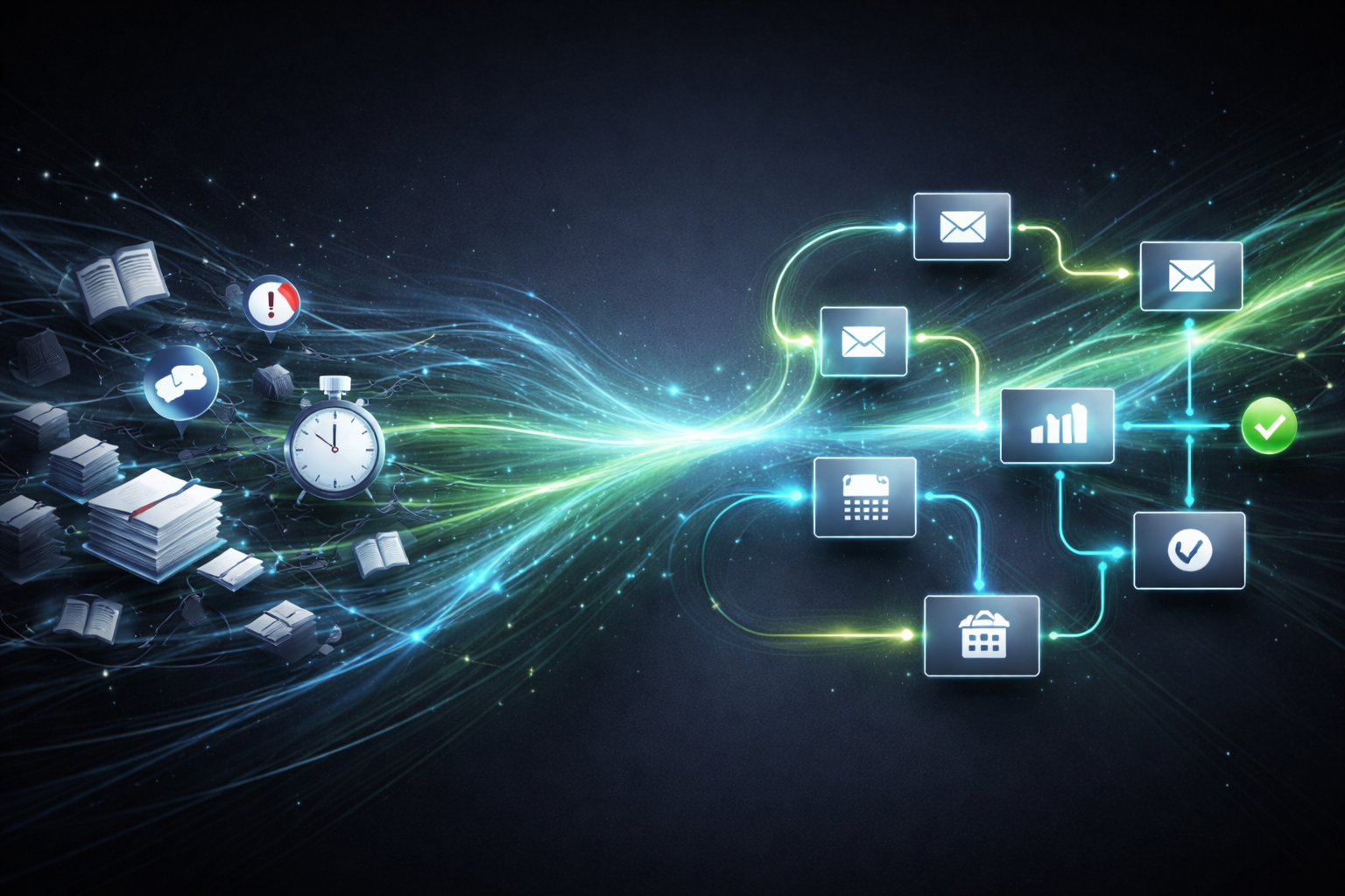 NeuClix Technology services header showing digital workflow automation with email analytics scheduling and notification icons connected in a network