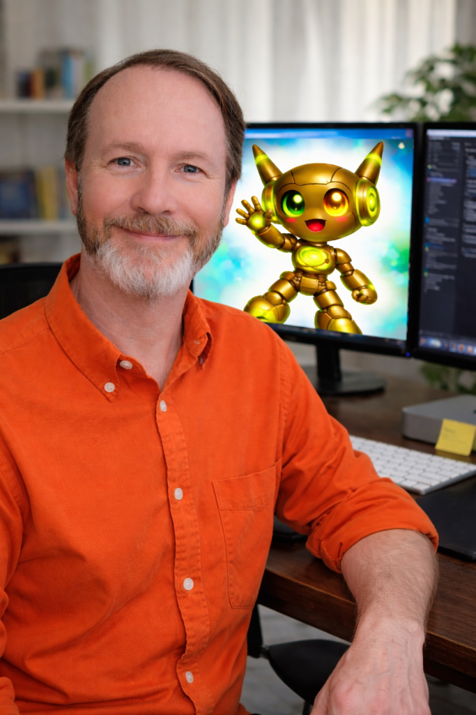 NeuClix Technology founder Steve working alongside Otto robot mascot in the office showcasing the team behind the technology